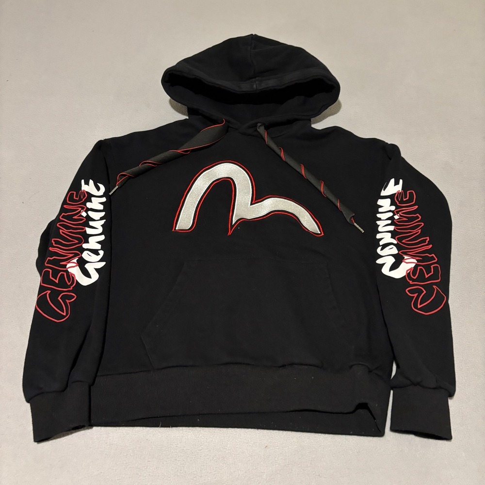 Evisu Womens Custom Made Black Hoodie Small Silver Seagull Logo Graphic Sleeve